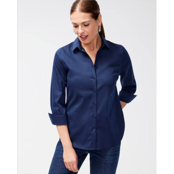 Chico's Women's 3/4 Sleeve Button-Up No Iron Shirt M Navy - Picture 1 of 6